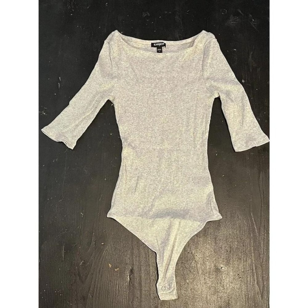 Womens Gray Express 3/4 sleeve ribbed thong body suit S Small